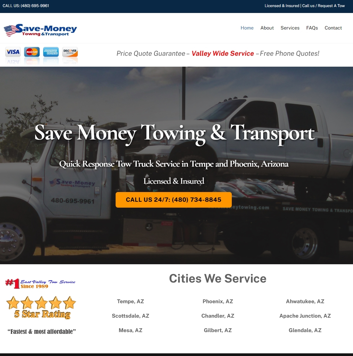 Website design example - Save Money Towing Tempe